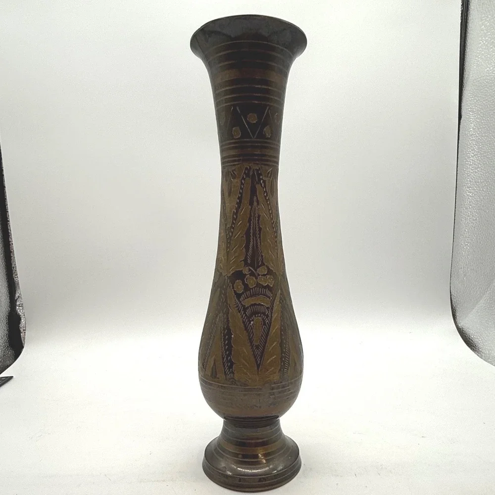 VTG Hand Etched‎ Brass Bud Vase Indian Floral Design Bronze Gold